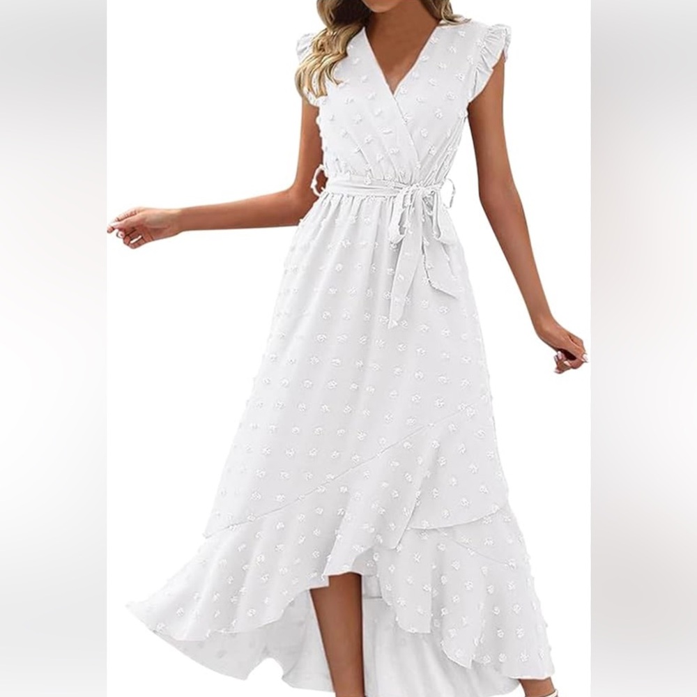 White High-Low Ruffle Maxi Dress with Tie Waist